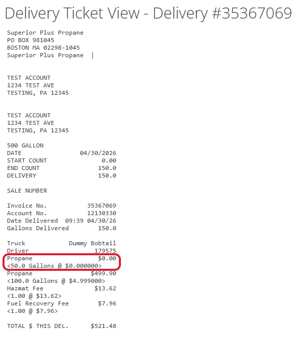 Sample Delivery Ticket Showing Promotion